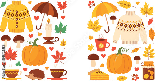 PrintAutumn and Fall Season Vector Element Collection with Cozy Sweaters, Pumpkins, Maple Leaves, Warm Drinks, and Cute Forest Animals for Thanksgiving and Seasonal Designs