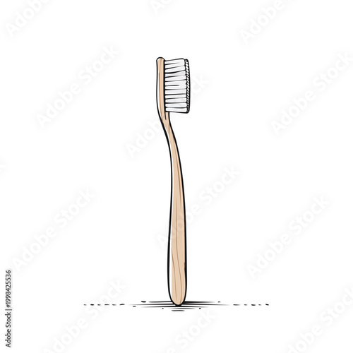 Hand drawn illustration of a wooden toothbrush for dental hygiene