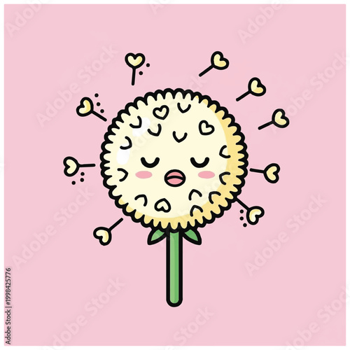 Cute Kawaii Dandelion Flower with Heart Seeds.