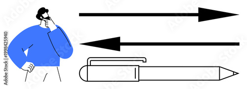 Decision-making, direction, critical thinking, writing, planning, strategy. Illustration of a man thinking, arrows pointing in opposite directions and a pen. decision-making and direction concepts