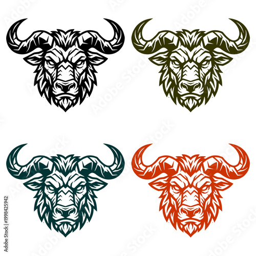 A set of four powerful buffalo head mascot logos in different colors Perfect for sports teams gaming clans or apparel branding High quality vector illustration