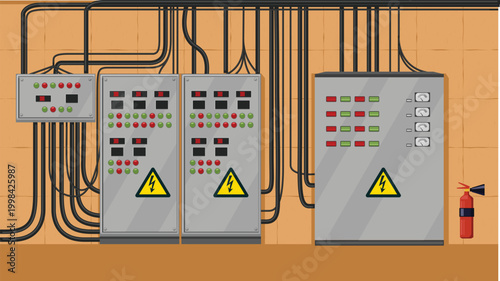 Vector industrial electrical panel and server room interior. Flat design control room scene with cables, fuse boxes, high voltage signs, and fire extinguisher. Power plant or data center background.
