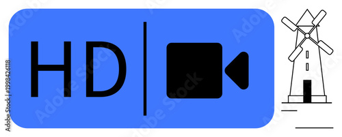 Media quality, video production, streaming services, nature-themed content, renewable energy, minimal art. HD video icon next to a windmill drawing. Media quality and video production concept