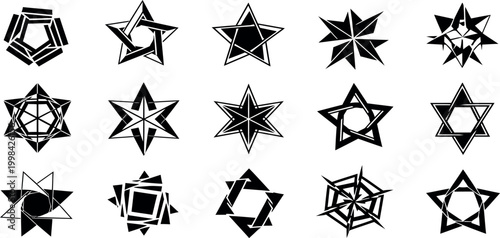 Geometric star icons set, black abstract star shapes and pentagram symbols, 15 decorative vector elements for logo design and branding