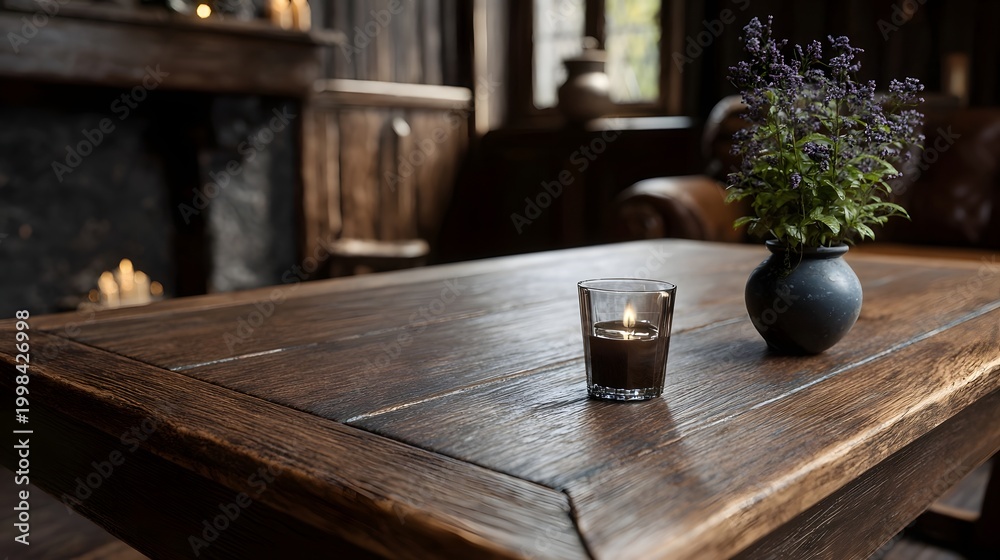 Fototapeta premium A still life capturing purple flowers and a glowing candle on a rustic wooden surface in a cozy warm interior setting