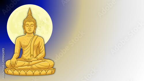 Golden Lord Buddha statue meditating with full moon background and copy space for Buddhist religious greetings
