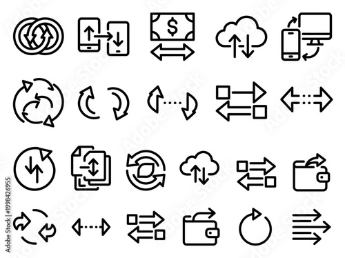 Data Transfer and Synchronization Icon Set: Vector Outline Symbols for Cloud Computing, Financial Transactions, File Sharing, and Mobile Syncing