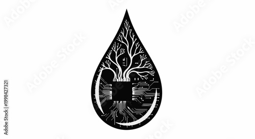 Symbolic drop with tree of technology and circuit board elements representing digital innovation