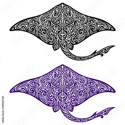 Detailed tribal manta ray silhouettes in black and purple for tattoo designs decals and graphics on white background