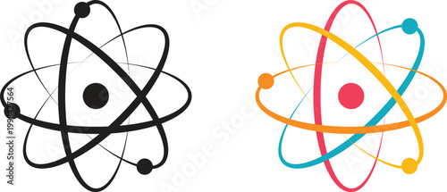 Atom model icon set, black and white and color with technology, chemistry. Atomic structure vector illustration.
