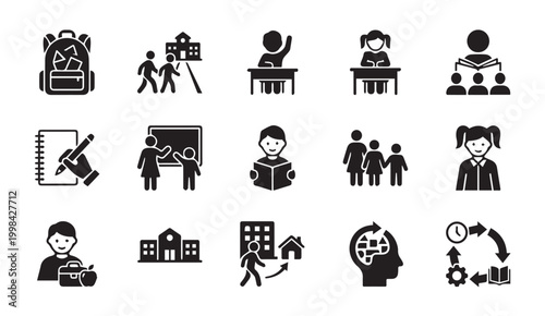 School and education icons with students and learning activities, education
