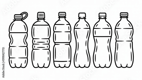 Plastic Bottle Line Icon Set  Water, PET Container and Beverage Packaging Symbols
