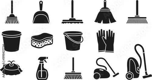 Cleaning tools collection a black and white glyph icon set