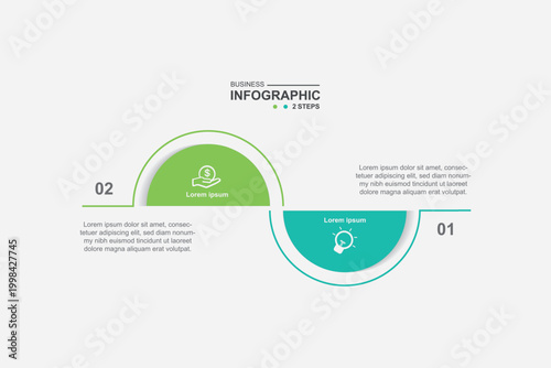 modern infographic template with 2 step process, paper and circle design for business and presentation