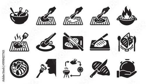 Barbecue cooking and food preparation icons with barbecue, preparation