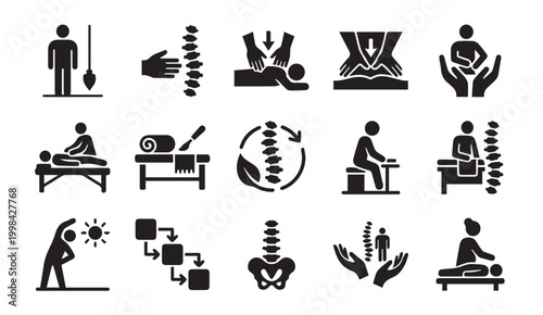 Chiropractic and physical therapy treatment icons with chiropractic, treatment