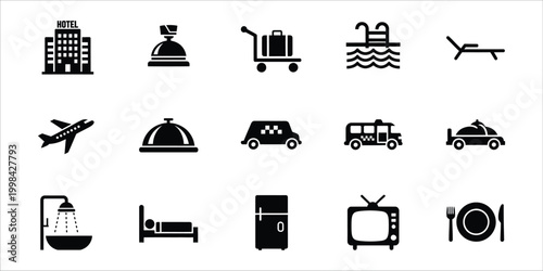 Travel and hospitality icons set black glyphs on white background