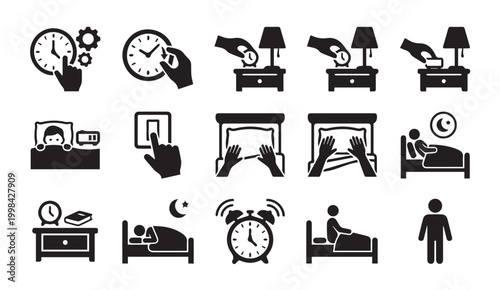 Daily sleep routine and bedtime activity icons collection with nightstand