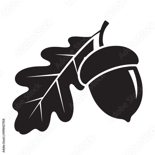 Fotografie Black acorn and oak leaf silhouette vector illustration isolated on white backgr