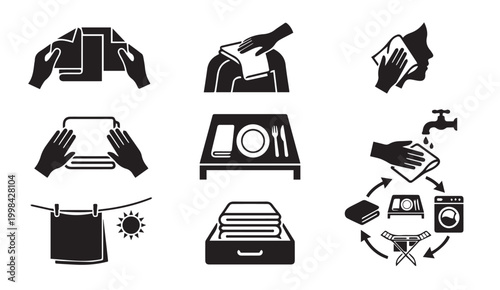 Home cleaning and laundry care icons set: folding wiping washing drying textiles