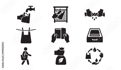 Reusable shopping bag icons set: cleaning folding carrying eco friendly