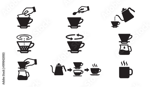 Manual pour over drip coffee preparation process instructions icons set