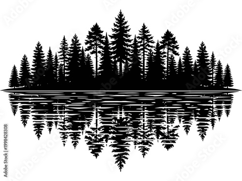 Foto Black Silhouette of a Pine Forest Reflecting on Water, Minimalist Coniferous Tre
