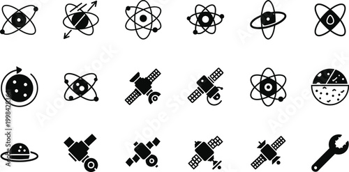Collection of black atomic and mechanical icons representing science and engineering