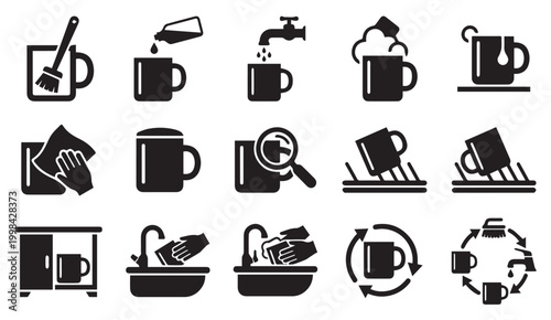 Mug cleaning washing care and maintenance process icons set with cleaning