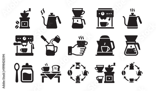 Various coffee related equipment brewing and serving silhouettes icons