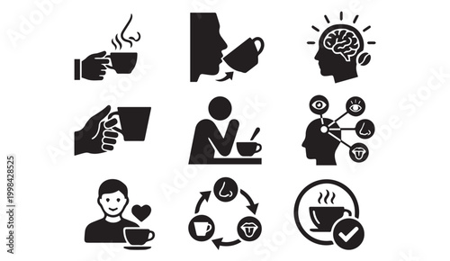 Icons representing coffee aroma consumption mental effects enjoyment experience