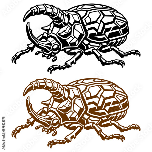 High quality vector illustration of two rhinoceros beetles in geometric and mechanical style suitable for tattoos decals and logos on white background