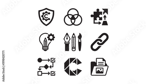 Creative development and essential tools icons including security color