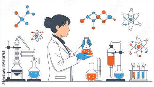 Scientist in a Lab Coat Performs Experiments with Various Scientific Equipment.