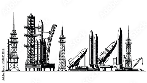 Set monochrome silhouette vector icon elements of aerospace program multistage rocket
