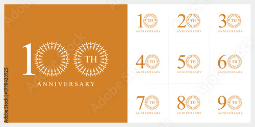 Set of 10 to 100 anniversary logo design. years celebration 10 to 100 logo icon vector collection. elegant luxury symbol concept.	