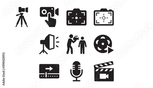 Production and filming icons set with production creation microphone isolated