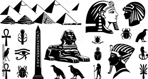 Black Silhouette Ancient Egyptian Pyramid Sphinx Pharaoh Obelisk Scarab Ankh and Hieroglyph Symbol Collection