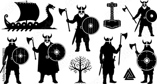 Black Silhouette Viking Warriors with Horned Helmet Battle Axe Round Shield Longship and Norse Mythology Elements
