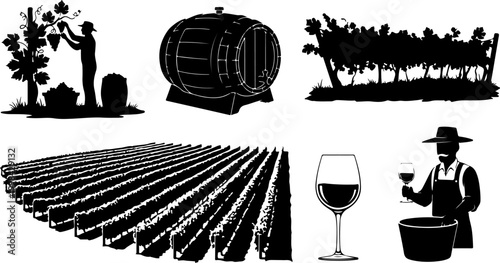 Black Silhouette Vineyard and Wine Making Elements Including Grape Harvest Wine Barrel Vineyard Rows Wine Glass and Winemaker