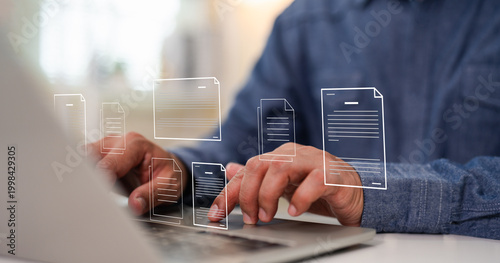 Digital data document management system (DMS), online documentation database and process automation to efficiently manage files, knowledge documentation in enterprise. Corporate business technology.
