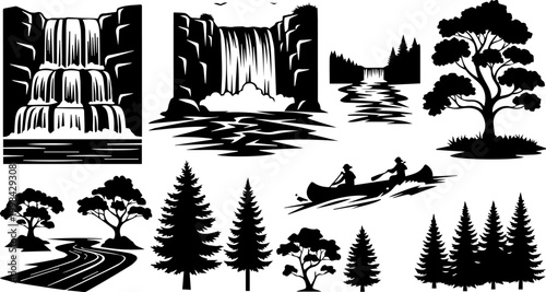 Black Silhouette Waterfall and River Landscape Collection Including Cascading Waterfall River Rapids Canoe Pine Trees and Riverside Scenery