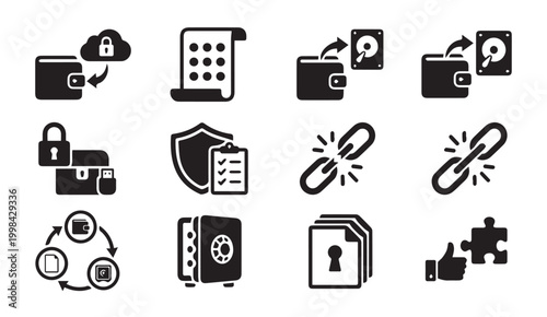 Digital wallet and data security icons set with cloud storage hard drive