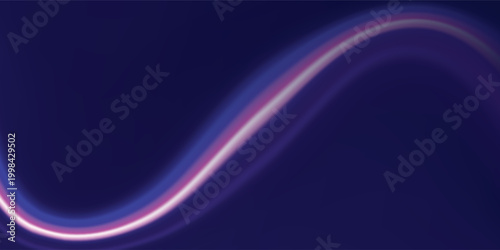 Neon line as speed or arc, turn, twist, bend in light effect. Light arc in neon colors, in the form of a turn and a zigzag. Abstract background in blue, yellow and orange neon colors.