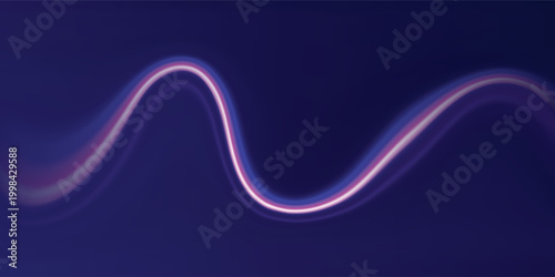 Neon line as speed or arc, turn, twist, bend in light effect. Light arc in neon colors, in the form of a turn and a zigzag. Abstract background in blue, yellow and orange neon colors.