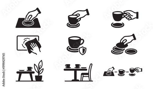 Cup handling and table setting etiquette icons set for cafe and restaurant
