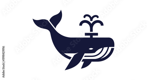 Minimalist navy blue whale icon spouting water on white background