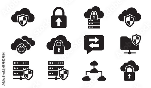 Cloud computing and data security icons collection for digital storage
