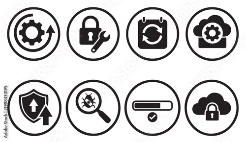 It operations and cybersecurity icons set with settings security update cloud