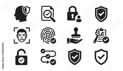 Biometric security and identity verification icons set with face fingerprint